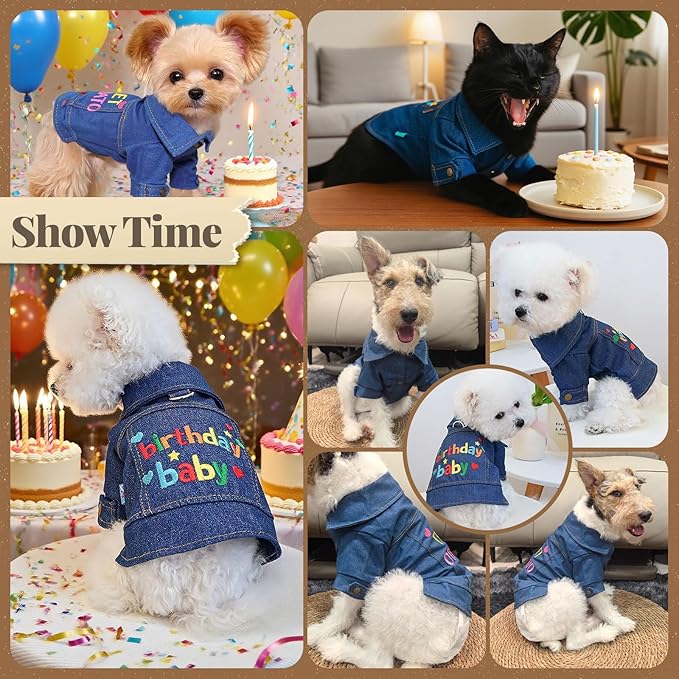 Dog Jean Jacket with D-Ring Blue Denim Coat Dogs Outfits for Small Dogs Cats Boy Male Girl Birthday Clothes Costume Letter Embroidery Dogggie Puppy Winter Warm Clothes(Birthday Baby,S)