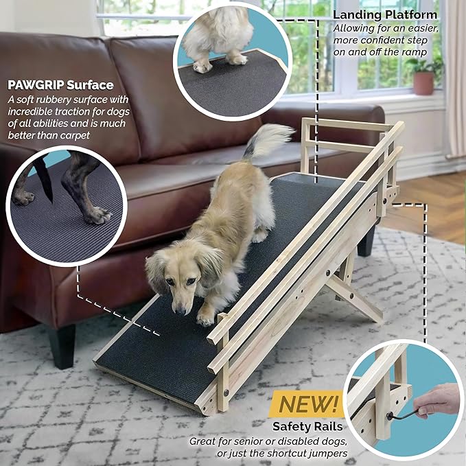 DoggoRamps Dog Ramp for Couch with Safety Rails - Adjustable from 14" to 21" with Anti-Slip PAWGRIP & Convenient Platform Top - for Small Dogs up to 150lbs - Made of Solid Hardwood in North America