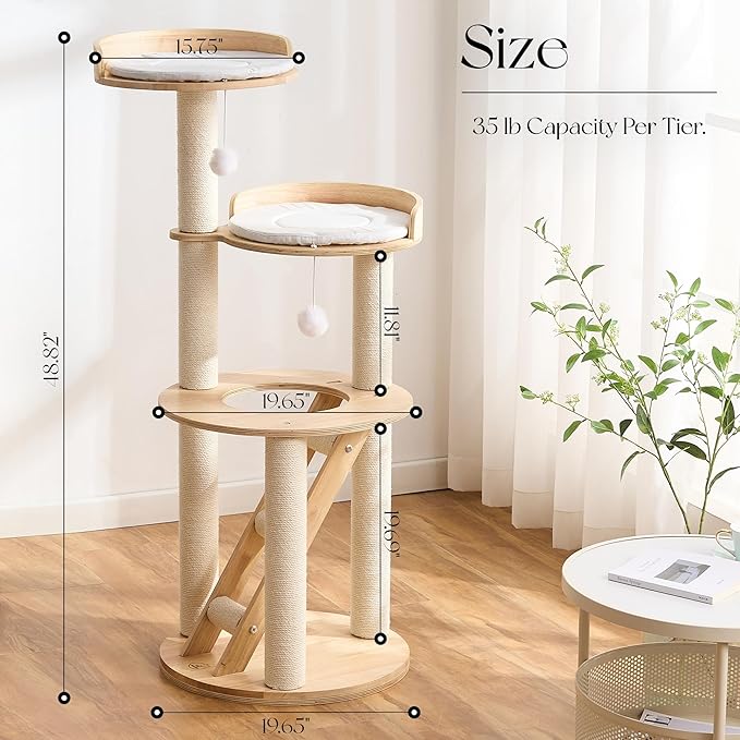 797Audio Morden Solid Wood Cat Tree Tower, 49" Tall Cat Tree with Sisal Scratching Posts and Ladder for Adult Cats, Natural Oak Wooden Cat Tower, Aesthetic Multi-Level Cat Climbing Tree for Indoor Cat