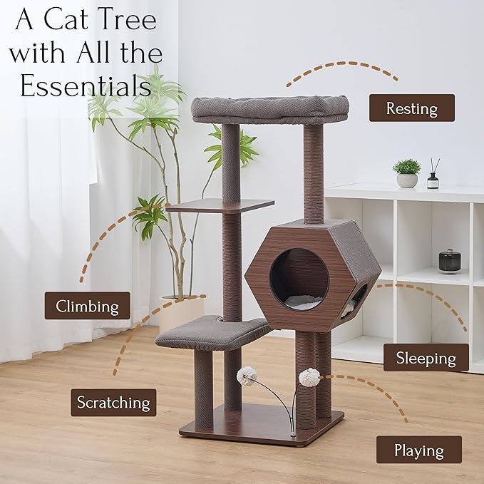 PetPals 5-Level 46.4” Mid-Century Modern Cat Tree with Hexagon Condo, Replaceable Recycled Paper Rope Scratchers, Washable Bed&Toys, Quick Assembly, Ideal for Medium Cats,Dark Brown