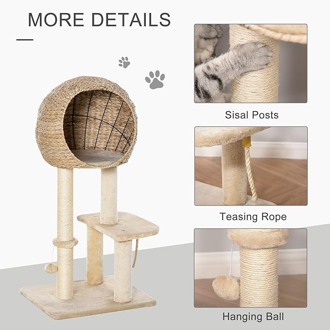 39H Premium Quality Cat Tree with Durable Sisal Scratching, Multi-Level Condo Hideout, Hanging Rope Accessory, Beige Finish