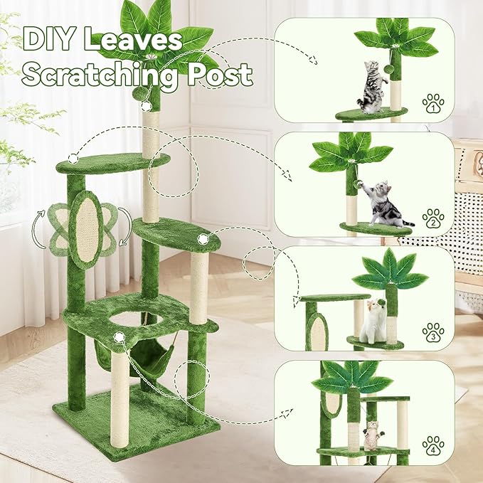61" Large Cat Tree Tower for Indoor Cats with DIY Green Leaves Scratching Post Multi Soft Hang Ball Plush Cat House Furniture 360° Rotating Cat Scratch Board with Hammock, Green
