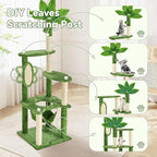 60" Cat Tree for Indoor Cats with Green Leaves, Multi-Level Large Cat Tower with Hammock, Plush House w/Hang Ball Toy and Scratching Posts (Green)