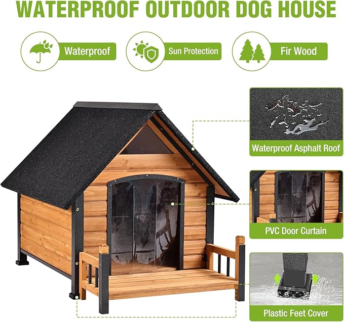 GUTINNEEN Outdoor Heated Dog House Insulated Dog Kennel with All-Around Metal Frame, Weatherproof Anti-Bite Dog Shelter with Porch, Wooden Puppy Home Indoor(Brown, 45’’ Medium)