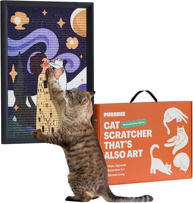 Decorative Wall Art Cat Scratcher for Vertical Scratching, 14"x20" Framed Sisal Scratch Pad Mat with Renter-Friendly No-Drill Wall Mounted Setup, Durable Alternative to Cardboard (Not the Kiss)