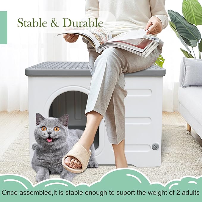 Plastic Cat House Outdoor & Indoor, Feral Cat Houses Waterproof Outdoor Cat House for Feral Cats, Outside Cat Shelter for Small Pet, Assemble and Clean Easily-Grey