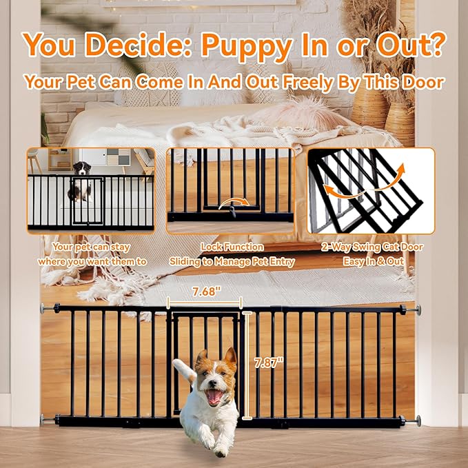 10" Height Short Dog Gate Adjustable18-48 Extra Wide Dog Gate with Small Cat Door,Pet Gate with 4 Extension Kits Pressure Mounted for Doorways & Stairs (Black, 10" Height)