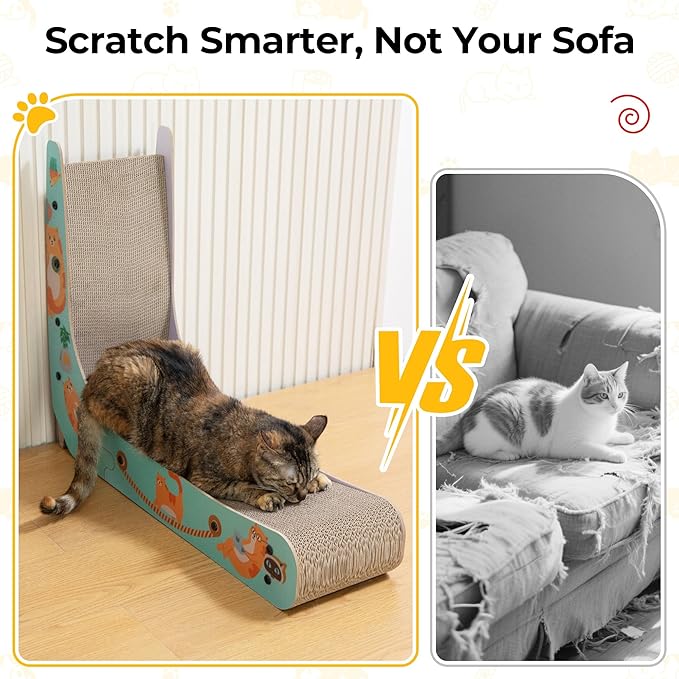 COZIWOW L-Shape Cat Scratcher Lounge, Corrugated Cardboard Scratching Pad for Indoor Cats, Durable Cat Furniture with Spring Toy (Colorful)