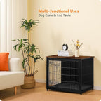 DWANTON Dog Crate Furniture with Cushion, Wooden Kennel Table with Double Doors, Indoor Dog House, Medium Size, 32.5" L, Black+Rustic Brown