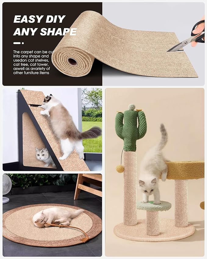 Cat Scratch Furniture Protector, Trimmable Self-Adhesive Carpet, DIY Climb Cat Scratcher Mat for Covering Cat Tower and Couch Protector from Cat Claws（Beige）