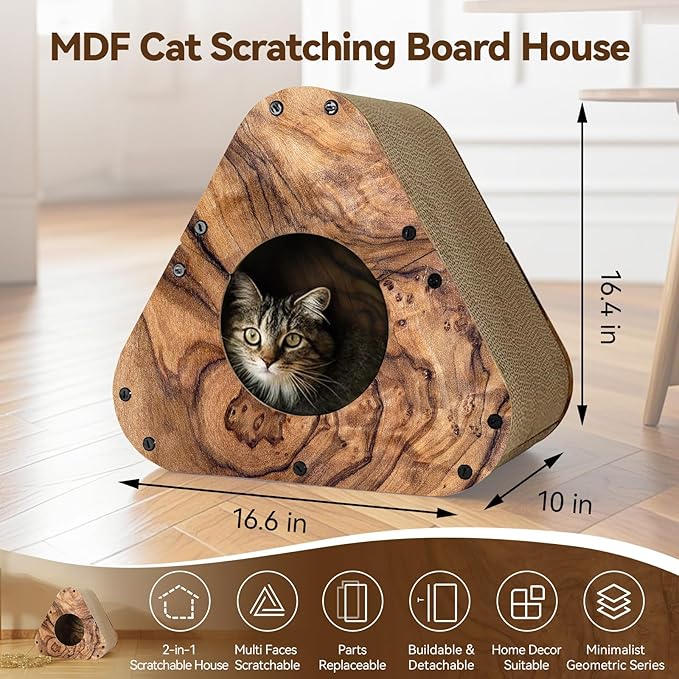 Cat Scratcher House, Cozy Cardboard Design, Safe and Secure for Kittens, Eco-Friendly, Wood Grain (Triangles)