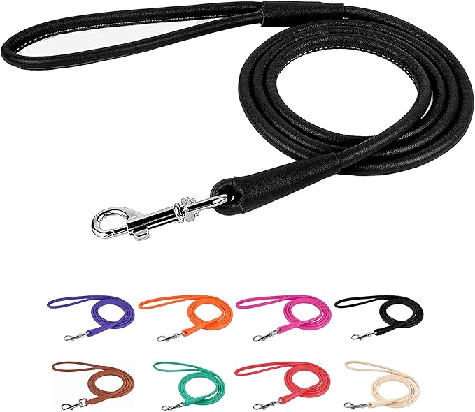 CollarDirect Rolled Leather Dog Leash 4ft, Soft Padded Training Leather Dog Lead 6ft, Puppy Leash Rolled Leather Small Medium Large Black Blue Red Orange Green Pink White (Black, Size XL 6ft)
