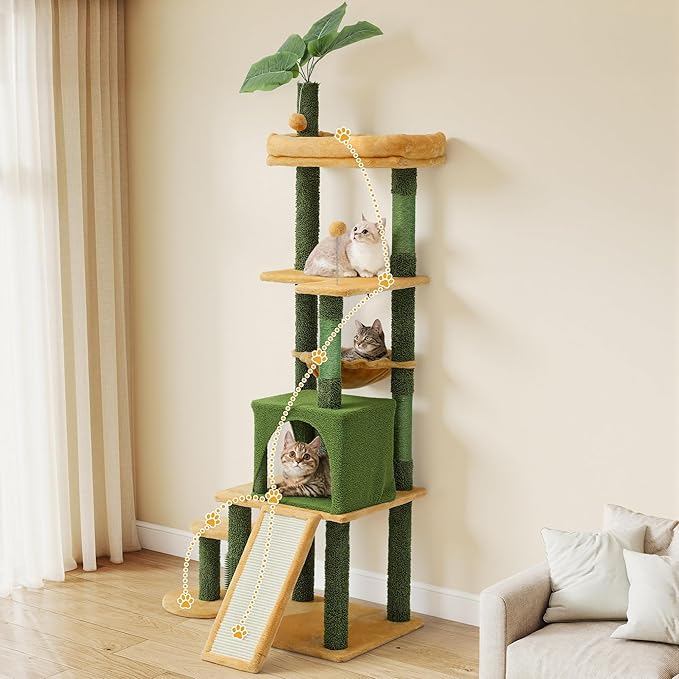 DWVO Cat Tree with Leaves for Large Cats: 72.8" Tall with Self-Grooming Brush, Cute Kitten Climbing Tower for Indoor Kittens with Cat Condo, Top Perch, Basktet, Sisal Scratching Posts, Dangling Ball