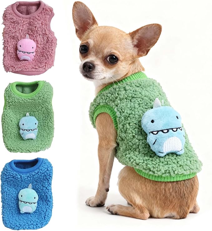 FLAdorepet 3 Packs Teacup Dog Cat XXS Clothes for Chihuahua Yorkie,Winter Warm Fleece Puppy Pet Clothes Sweater Shirt Vest for Mini Newborn Extra Small Dogs (Cute Dnosaur, XXS(Pet 1-2LBS))