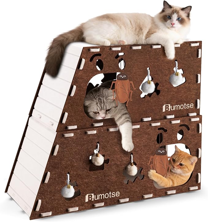 2-Story Large Cat Condo for Indoor Cats with Catnip Toy, Felt Cat Cave House with Scratching Tunnel, No-Tool Assembly Warm Silent Cat Bed for Multi-Cat Households, Durable and Washable, Coffee