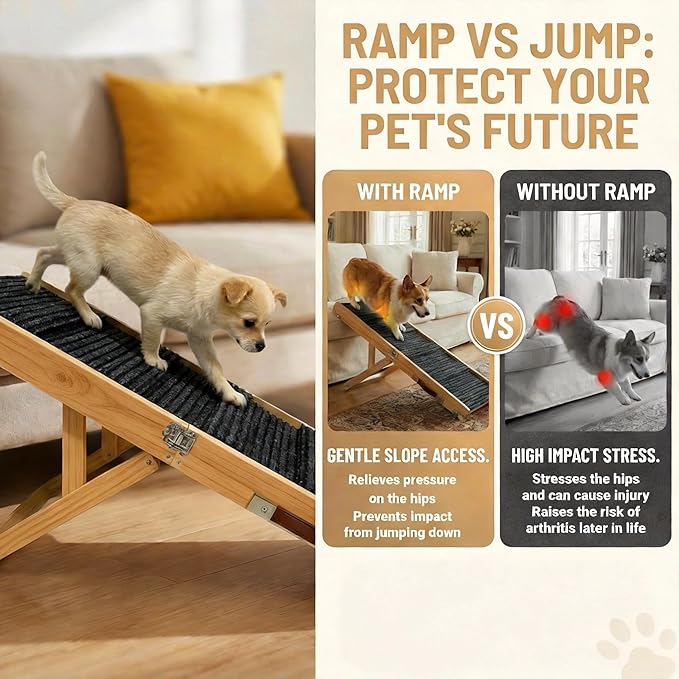 2026 Upgraded Foldable Dog Ramp for Couches, Wooden Small Dog Ramp for Sofa - 4 Adjustable Heights (12"-19"), Portable, Stable & Non-Slip, Walnut