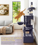 Heavy Duty Cat Tree for Indoor Cat, 74 Inch Cat Tower with Scratching Post, Hanging Basket, Cat Condo with Large Platform for Large Cats, PMT04DG, Dark Grey