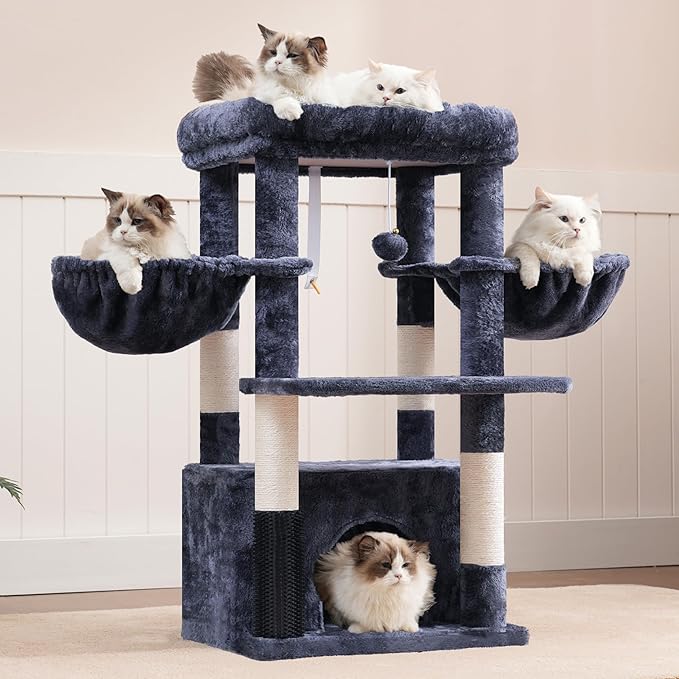 Hey-brother Cat Tree Tower with Extra Large Platform, Spacious Condo, 2 Cozy Hammocks, Self-Grooming Brush, Sisal Scratching Posts for Big Indoor Adult, Maine Coon, 35.4 Inches, Smoky Gray MPJ060G