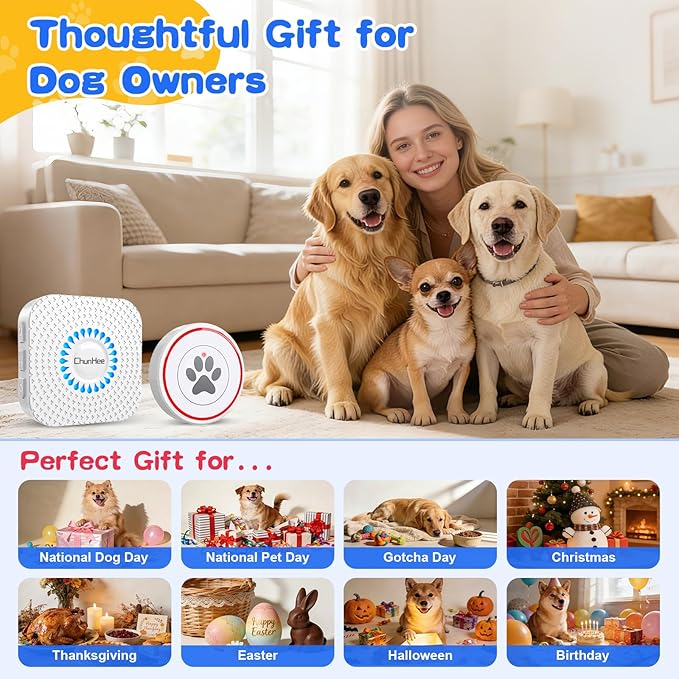 ChunHee Dog Door Bell for Potty Training – Wireless Doggie Doorbell to Go Outside, 1.6in Touch Surface, Easy for Puppy & Adult Dogs, IP55 Waterproof, 500FT Range, 55 Ringtones, Adjustable Volume