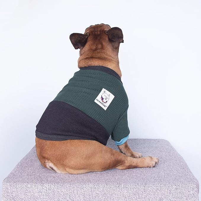 iChoue Pet Dog Crewneck Sweater Color Block Pullover Winter Warm Clothes for French Bulldog Frenchie Pug Puppy - Green and Black/Small