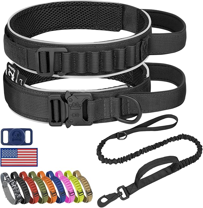 HYDEME Tactical Dog Collar and Leash Set, Alpine Loop Adjustable Reflective Military Training Nylon Dog Collars with Handle Shock Retractable Dog Leash for Small Medium Large Dogs.(L,Black-Set)