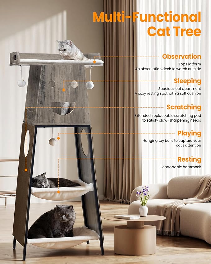 Modern Wood Cat Tree for Indoor Large Cats, 56 Inch Tall Cat Tower with Perch Bed, Multi-Level Trees with 2 Hammock, Cat Condo, Scratching Board, Removable Pads, Cat Furniture, Greige