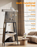 Modern Wood Cat Tree for Indoor Large Cats, 56 Inch Tall Cat Tower with Perch Bed, Multi-Level Trees with 2 Hammock, Cat Condo, Scratching Board, Removable Pads, Cat Furniture, Greige