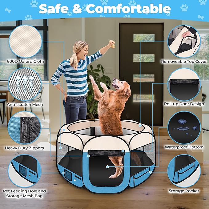 Dog Playpen 45", HOMAGICO Pet Playpen for Indoor Cats Enclosed, Portable Dog Cage Outdoor Tent Crate with Carrying Case, Water-Resistant and Removable Shade Cover, Blue