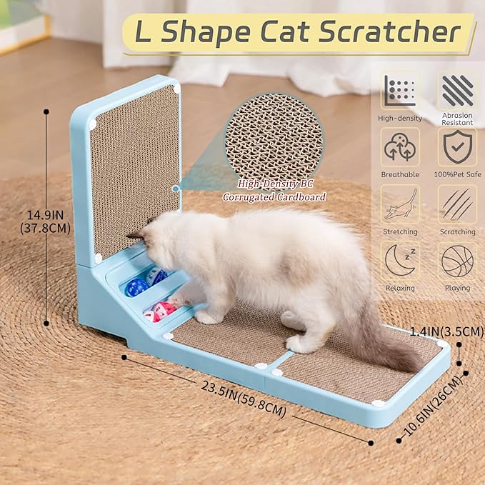Cat Scratcher Cat Scratch Pad L Shape Wall Mounted Dual Use (Vert/Horiz) Kitten Bunifa Scratching Card Board Vertical Post with Ball Toys Feathers,Protecting Furniture Core is Replaceable Large Blue