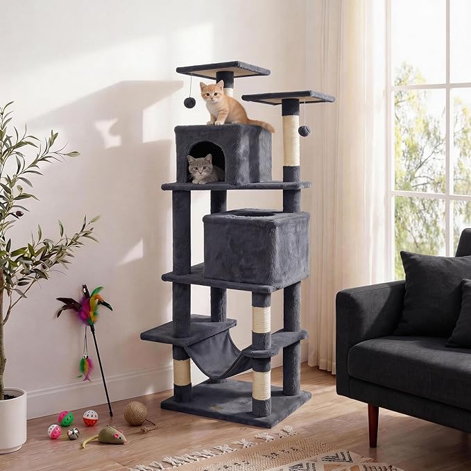 PETSITE 57-inch Modern Cat Tree, Multi-Level Cat Tower with 2 Comfy Condos, Sisal Scratching Posts, Plush Top Perch, Snug Hammock, and Dangling Balls, Ideal for Indoor Cats and Kittens (Dark Grey)