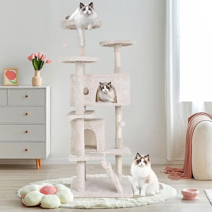 70" Multi-Level Cat Tree Tower with Scratching Posts, Toys & Condo - Space-Saving Design for Indoor Kittens, Compact Floor Footprint & Vertical Space for Multi-Cat Homes-Beige