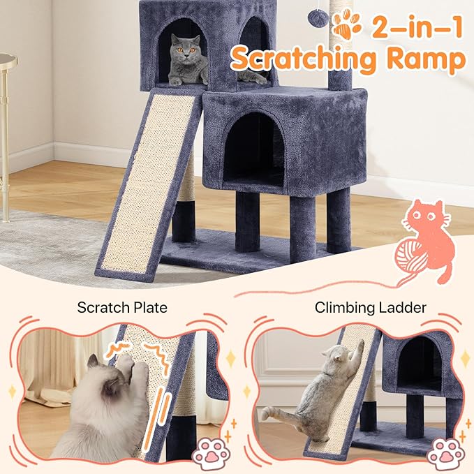 Cat Tree 36-Inch Cat Tower with Scratching Post Multi-Level Cats Condo with Ramp,Large Perch,Dangling Ball,Pet Play Tower for Kittens & Adult Cats(Dark Grey)