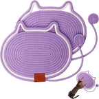 2 PC Cat Scratcher Mat - Natural Cotton Rope Oval Horizontal Scratch Pad (11''x13.7'') with Dangling Ball Toy, Cat Ear Design, Furniture Protector for Floor/Wall, Durable Handmade (Purple, 2 PC)