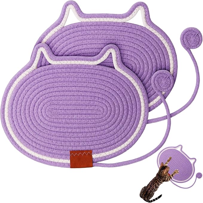 2 PC Cat Scratcher Mat - Natural Cotton Rope Oval Horizontal Scratch Pad (11''x13.7'') with Dangling Ball Toy, Cat Ear Design, Furniture Protector for Floor/Wall, Durable Handmade (Purple, 2 PC)