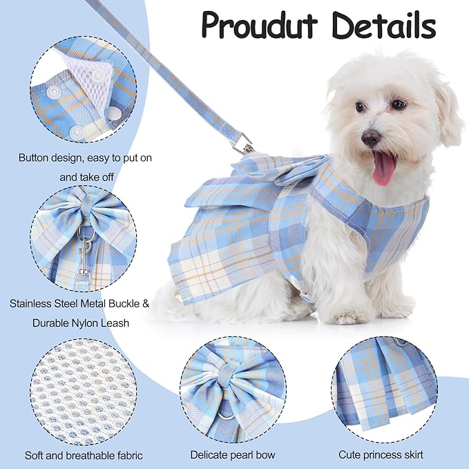 4 Pcs Cute Plaid Dog Dress Set with Bow Tie Harness & Leash for Small Dogs, Puppy Clothes for Girls Outfits(S,Light Color)