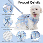 4 Pcs Cute Plaid Dog Dress Set with Bow Tie Harness & Leash for Small Dogs, Puppy Clothes for Girls Outfits(S,Light Color)