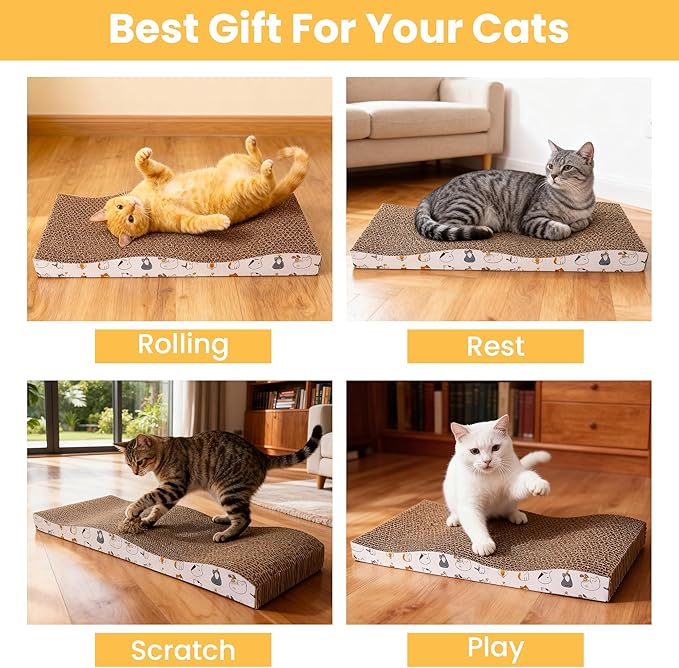Cat Scratching Board, Large Wide Corrugate Cat Scratcher with Catnip, Premium Scratch, Double-Sided Design, Cat Scratch Pad for Indoor Cats and Kitten,Furniture Protectors from Cat Scratching (2-PACK)
