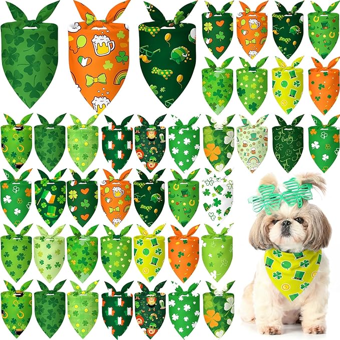 Abbylike 50 Pcs St Patrick's Day Dog Bandanas Bulk Green Shamrocks Bandanas for Dogs Triangle Kerchief Bibs Scarf for Pet Irish Costume Photo Props Pet Shops Groomer, 25 Styles (19.7 x 13.8 x 13.8)