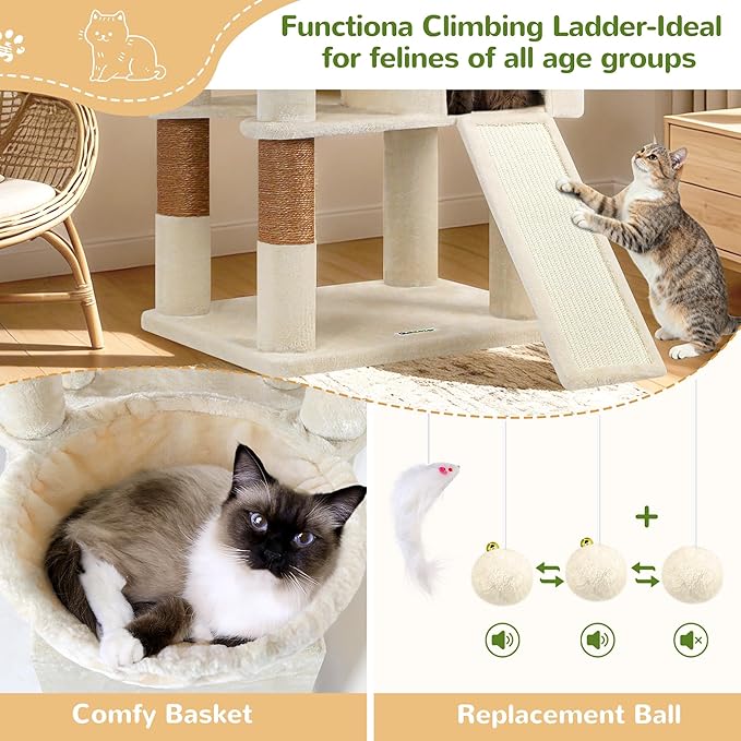 Globlazer 83 in Multi-Level Large Cat Tree Tower with Larger Cat Condo Furniture with Hammock/Cozy Pussycat Perches/Sisal Scratching Posts/Pet House/Wide Base, Beige