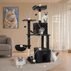54 Inch Multi-Level Cat Tree Tower with Hammock, Condos & Scratching Posts, Large Cat Furniture for Indoor Cats with Pompoms, Black