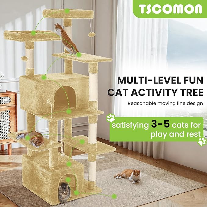 69'' Indoor Cat Tree Tower with Multiple Levels, Sisal Scratching Post, Spacious Condo, Climbing Rope, Kitten Toy (Beige)