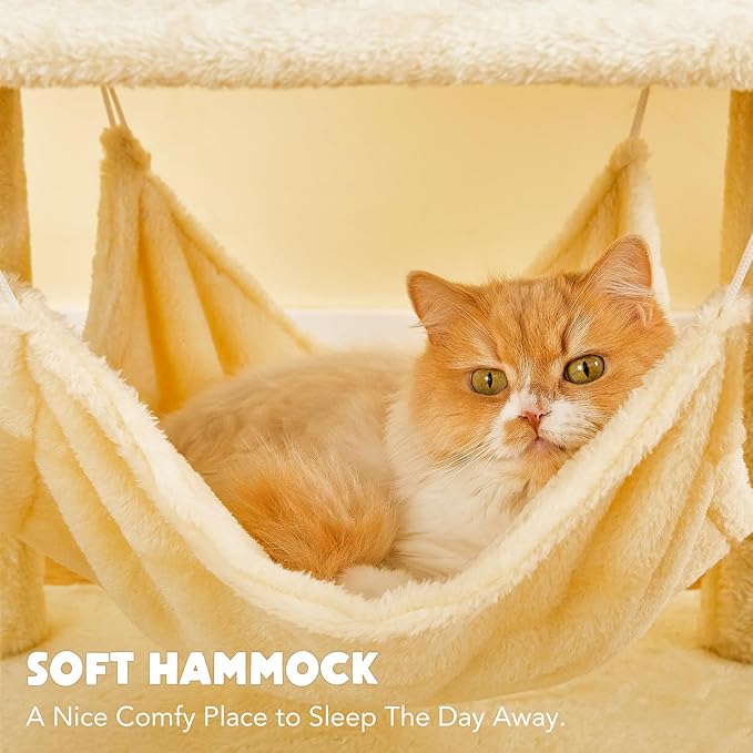 Cat Tree for Indoor Cats - 63in Multi-Level Large Cat Tower with 2 Big Cat Condos, 2 Padded Perches, Hammock, 6 Sisal-Covered Scratching Post and Toys for Kittens Pet Play House, Beige