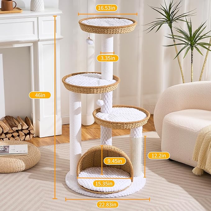HITTITE Modern Cat Tree Tower with Scratching Post, 46 Inches Tall Cat Towers with Woven Cat Nests and Cave, Multi-Level Cat Tree With Removable Cushions and Massage Brush for Indoor Cats Large Adult.