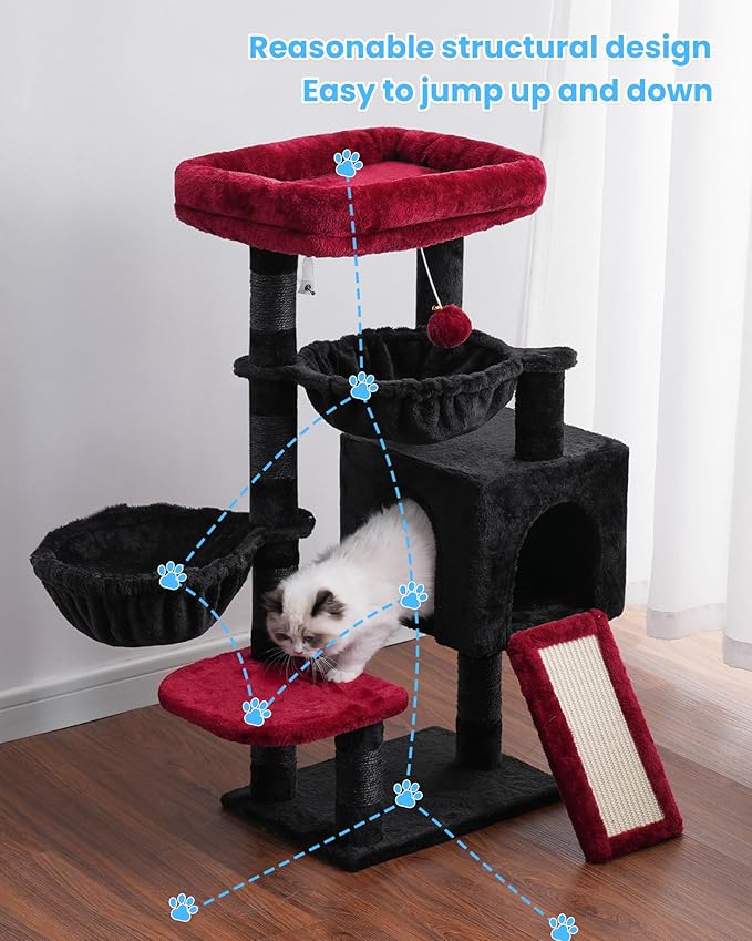 Hey-brother Gothic Cat Tree, Cat Tower for Indoor Cats, Cat House with Large Padded Bed, Cozy Condo, Hammocks, Sisal Scratching Posts, Big Scratcher, Black and Red MPJ006SBR