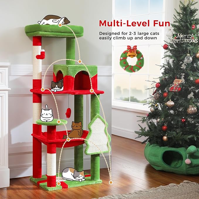 PETEPELA Christmas Cat Tree for Indoor Cats, 5-Level Cat Tower with Large Hammock (20"x 16"), Cozy Condo and Scratching Posts, 56.3" Tall Cat House with Big Top Perch & Christmas Tree Scratching Pad