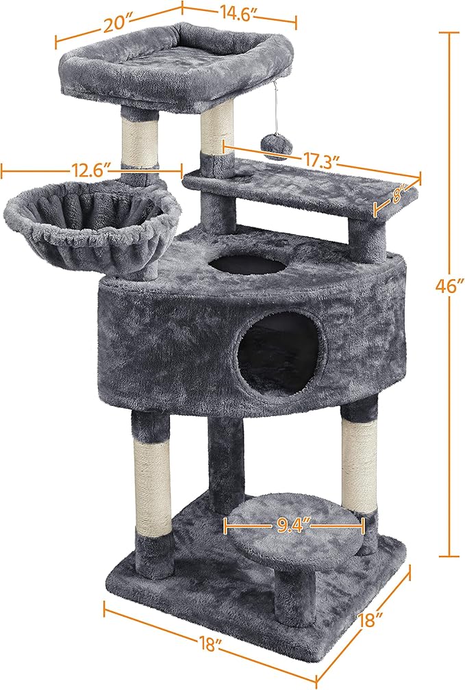Topeakmart 46'' Cat Tree Cat Tower, with Thicker Scratching Posts, Larger Plush Perch, Spacious Condo, Basket, Multi-Level Cat Condo Furniture for Indoor Cats Kitty Pet Play House