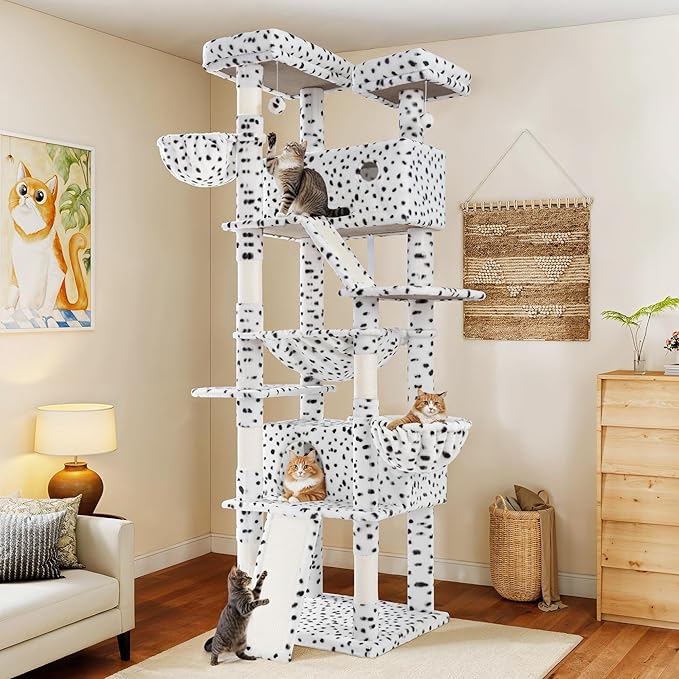 WEEWAY Cat Tree Tower for Indoor Cats,81'' Multi-Level Cat Furniture Activity Center,Stand House Condo Cave,Sisal Scratching Posts Ramps,Plush Perches Platforms Basket Hammock,White&Black Spot