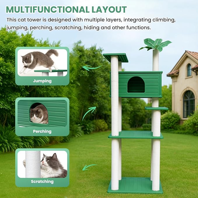 66 Inches Tall Outdoor Weatherproof Cat Tree Tower, Multi-Level, Large Cat Condo with PVC Board and Cat Scratching Posts, for Outside and Indoor