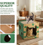 2 Pack Cardboard Cat Houses, Cat Play House with 2 PCS Scratching Pad, Corrugated Kitten Hideaway Cave, Cute Cats Condos Box, Cat Scratching Toy, Scratcher Bed for Indoor Cats, Kittens, Bunny