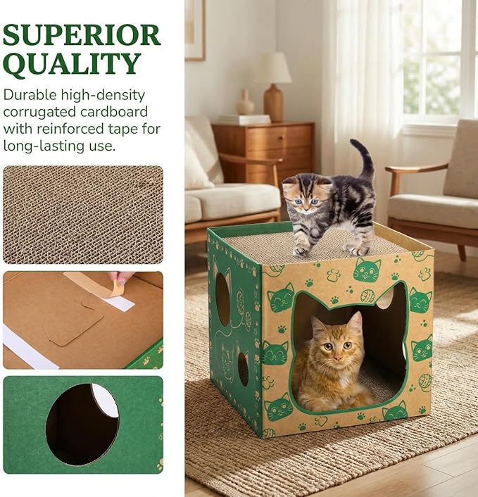 2 Pack Cardboard Cat Houses, Cat Play House with 2 PCS Scratching Pad, Corrugated Kitten Hideaway Cave, Cute Cats Condos Box, Cat Scratching Toy, Scratcher Bed for Indoor Cats, Kittens, Bunny